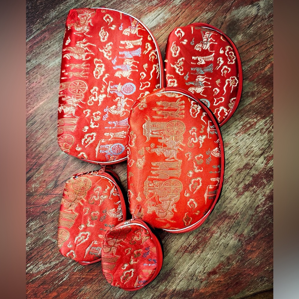Chinese Silk 5 pc Bag Set. Elegant Red and Silver Women's Bag Set